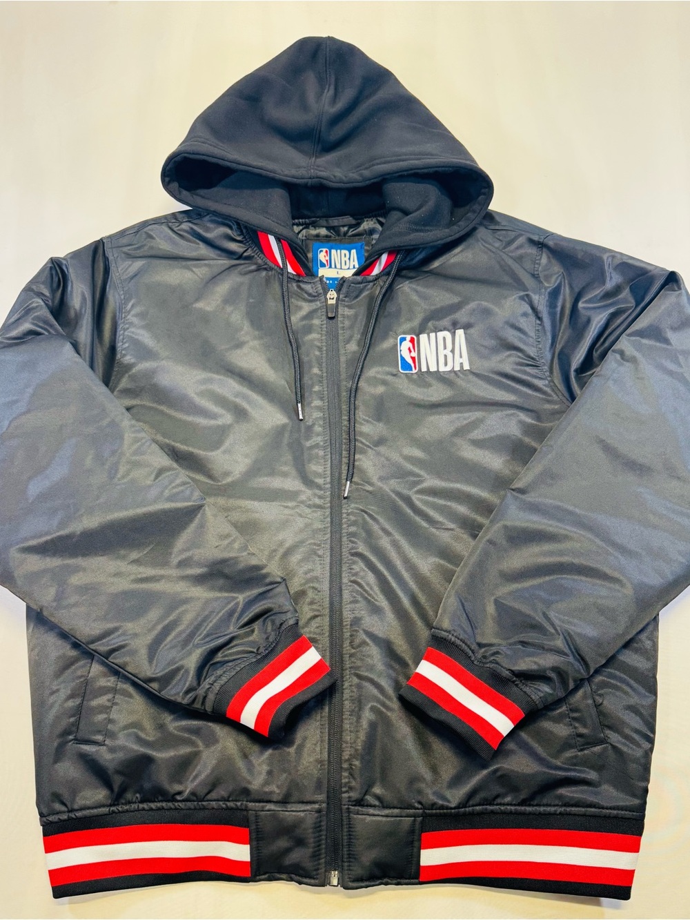 NBA Black Satin Hooded Bomber Jacket with Red & White Stripes